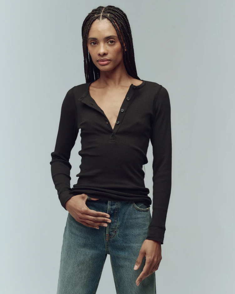 THE GREAT - The Baby Rib Henley - Black