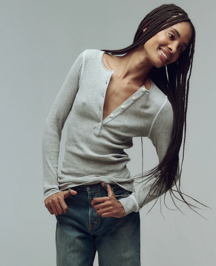 THE GREAT - The Baby Rib Henley - Heather Grey