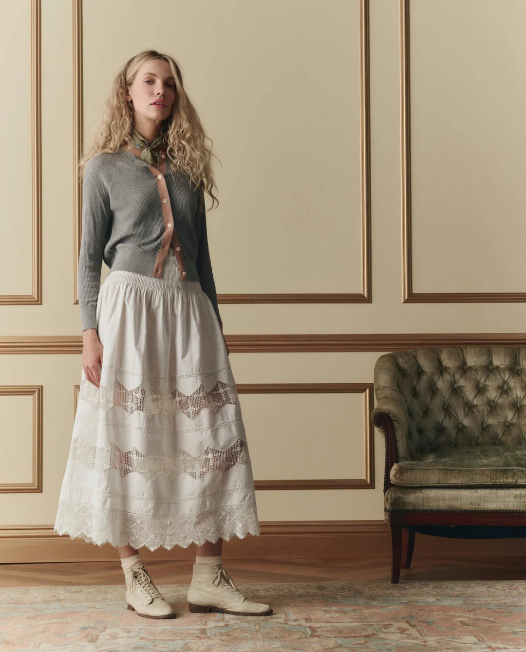 THE GREAT Rosette Crochet Canary Skirt